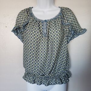 Max Studio Women's Small Short Sleeve Blouse Keyhole Blue White Green Yellow Top